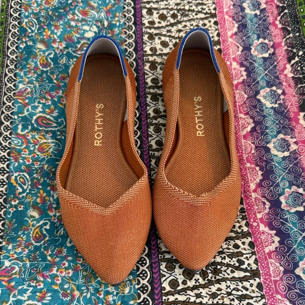 Rothy's Pointed Knit Flats in Chestnut Brown with Blue Trim - Picture 1 of 4